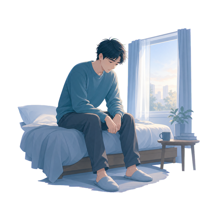 朝、なかなか動き出せず思い悩む人のイラスト