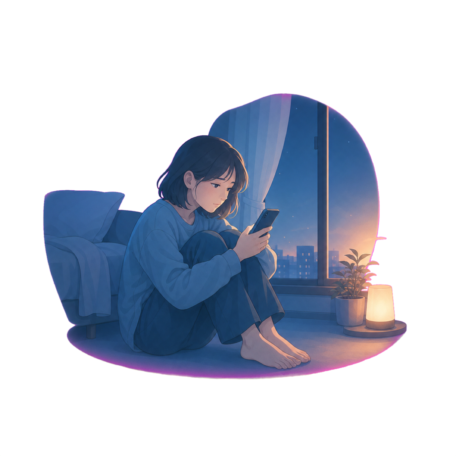 夜、明日のことを思って動けずにいる人のイラスト